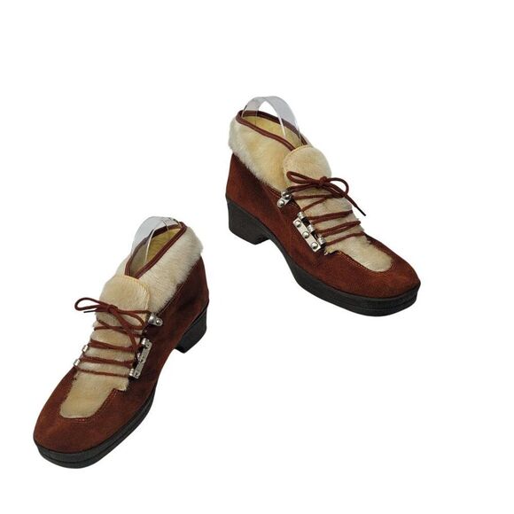 Vtg Italian Snow Boots Rust Suede Cream Faux Fur Lace-Up‎ Ankle Booties US Sz 6 - Picture 13 of 13